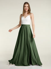 Ivoire Dentelle Corsage Mousseline Jupe Robes Avec Fente Olive Verte