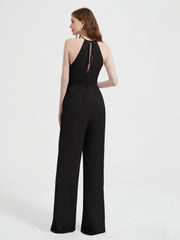 Jumpsuit Plissé Sans Manches à Encolure Licou avec Ceinture Noir