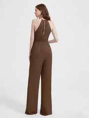Jumpsuit Plissé Sans Manches à Encolure Licou avec Ceinture Brun Grande Taille
