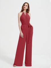 Jumpsuit Plissé Sans Manches à Encolure Licou avec Ceinture Bordeaux Grande Taille