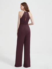 Jumpsuit Plissé Sans Manches à Encolure Licou avec Ceinture Cabernet