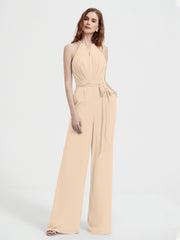 Jumpsuit Plissé Sans Manches à Encolure Licou avec Ceinture Champagne Grande Taille