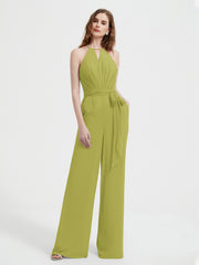 Jumpsuit Plissé Sans Manches à Encolure Licou avec Ceinture Trèfle Grande Taille