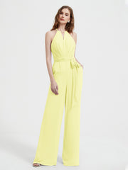 Jumpsuit Plissé Sans Manches à Encolure Licou avec Ceinture Jonquille Grande Taille