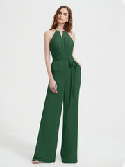 Jumpsuit Plissé Sans Manches à Encolure Licou avec Ceinture Vert Foncé Grande Taille