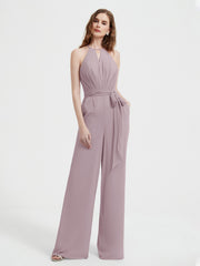 Jumpsuit Plissé Sans Manches à Encolure Licou avec Ceinture Crépuscule