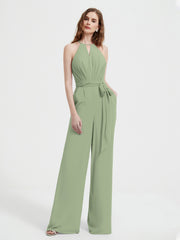 Jumpsuit Plissé Sans Manches à Encolure Licou avec Ceinture Sauge Poudrée Grande Taille