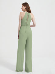 Jumpsuit Plissé Sans Manches à Encolure Licou avec Ceinture Sauge Poudrée Grande Taille