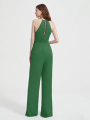 Jumpsuit Plissé Sans Manches à Encolure Licou avec Ceinture Emeraude