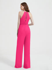 Jumpsuit Plissé Sans Manches à Encolure Licou avec Ceinture Fuchsia