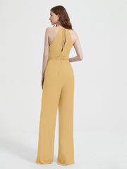 Jumpsuit Plissé Sans Manches à Encolure Licou avec Ceinture Or Grande Taille