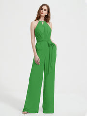 Jumpsuit Plissé Sans Manches à Encolure Licou avec Ceinture Vert Grande Taille