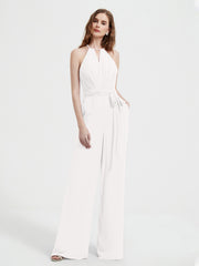 Jumpsuit Plissé Sans Manches à Encolure Licou avec Ceinture Ivoire