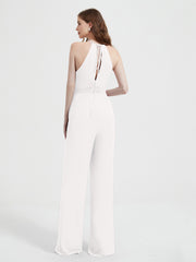 Jumpsuit Plissé Sans Manches à Encolure Licou avec Ceinture Ivoire Grande Taille