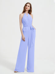 Jumpsuit Plissé Sans Manches à Encolure Licou avec Ceinture Lavande