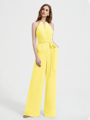Jumpsuit Plissé Sans Manches à Encolure Licou avec Ceinture Citron Grande Taille