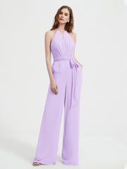 Jumpsuit Plissé Sans Manches à Encolure Licou avec Ceinture Lilas Grande Taille
