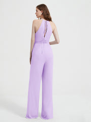 Jumpsuit Plissé Sans Manches à Encolure Licou avec Ceinture Lilas Grande Taille