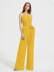 Jumpsuit Plissé Sans Manches à Encolure Licou avec Ceinture Souci