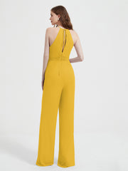 Jumpsuit Plissé Sans Manches à Encolure Licou avec Ceinture Souci