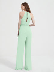 Jumpsuit Plissé Sans Manches à Encolure Licou avec Ceinture Vert Menthe Grande Taille