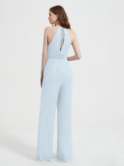 Jumpsuit Plissé Sans Manches à Encolure Licou avec Ceinture Brume Grande Taille
