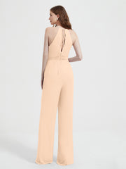 Jumpsuit Plissé Sans Manches à Encolure Licou avec Ceinture Pêche Grande Taille