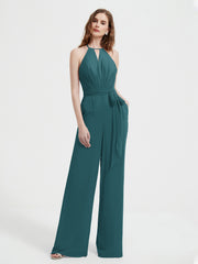 Jumpsuit Plissé Sans Manches à Encolure Licou avec Ceinture Paon