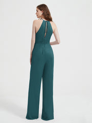 Jumpsuit Plissé Sans Manches à Encolure Licou avec Ceinture Paon Grande Taille