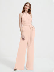 Jumpsuit Plissé Sans Manches à Encolure Licou avec Ceinture Rose Perle Grande Taille