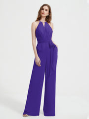 Jumpsuit Plissé Sans Manches à Encolure Licou avec Ceinture Régence