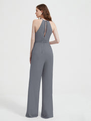 Jumpsuit Plissé Sans Manches à Encolure Licou avec Ceinture Gris Acier Grande Taille