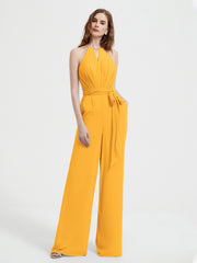 Jumpsuit Plissé Sans Manches à Encolure Licou avec Ceinture Mandarine Grande Taille