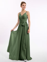 Spaghetti Bretelle Mousseline Robes Avec Ceinture Nœud Olive Verte