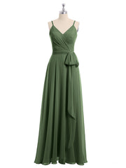 Spaghetti Bretelle Mousseline Robes Avec Ceinture Nœud Olive Verte