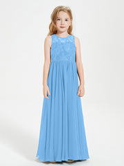 Robes Longues de Demoiselle d'Honneur Junior Haut en Dentelle Illusion Bleu