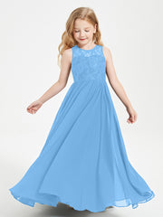 Robes Longues de Demoiselle d'Honneur Junior Haut en Dentelle Illusion Bleu