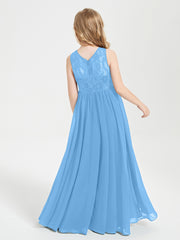 Robes Longues de Demoiselle d'Honneur Junior Haut en Dentelle Illusion Bleu