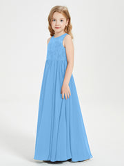 Robes Longues de Demoiselle d'Honneur Junior Haut en Dentelle Illusion Bleu