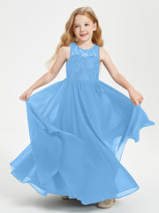 Robes Longues de Demoiselle d'Honneur Junior Haut en Dentelle Illusion Bleu