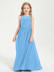 Robes Longues de Demoiselle d'Honneur Junior Haut en Dentelle Illusion Bleu