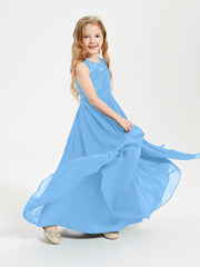 Robes Longues de Demoiselle d'Honneur Junior Haut en Dentelle Illusion Bleu