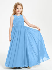 Robes Longues de Demoiselle d'Honneur Junior Haut en Dentelle Illusion Bleu