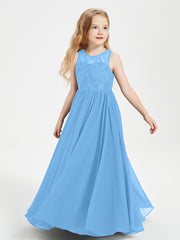 Robes Longues de Demoiselle d'Honneur Junior Haut en Dentelle Illusion Bleu