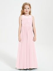 Robes Longues de Demoiselle d'Honneur Junior Haut en Dentelle Illusion Rose Pâle