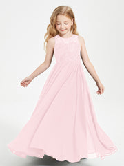 Robes Longues de Demoiselle d'Honneur Junior Haut en Dentelle Illusion Rose Pâle