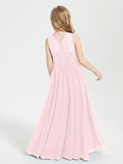 Robes Longues de Demoiselle d'Honneur Junior Haut en Dentelle Illusion Rose Pâle