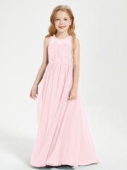 Robes Longues de Demoiselle d'Honneur Junior Haut en Dentelle Illusion Rose Pâle