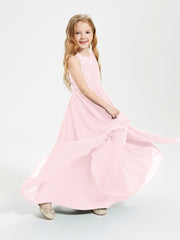 Robes Longues de Demoiselle d'Honneur Junior Haut en Dentelle Illusion Rose Pâle
