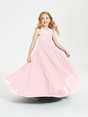 Robes Longues de Demoiselle d'Honneur Junior Haut en Dentelle Illusion Rose Pâle